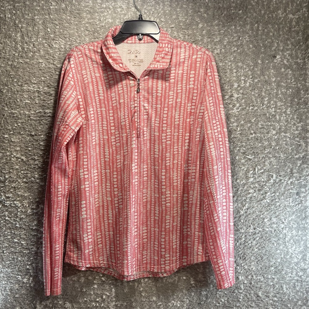 San Soleil Sun Shirt Women M Geometric Pink White 1/4 Zip Pullover UPF 50 Preppy